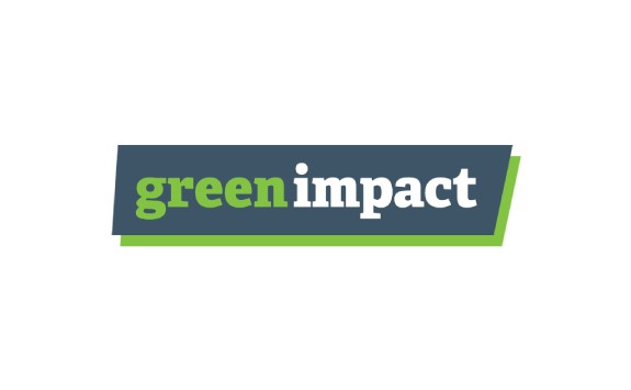 Green Impact logo. Green Impact is written in green and white on a grey background